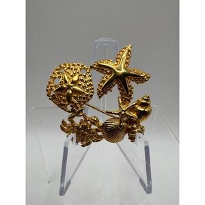 Coastal Sea Life Brooch Starfish Shell Crab Beach Pin Nautical Beachy Gold Tone